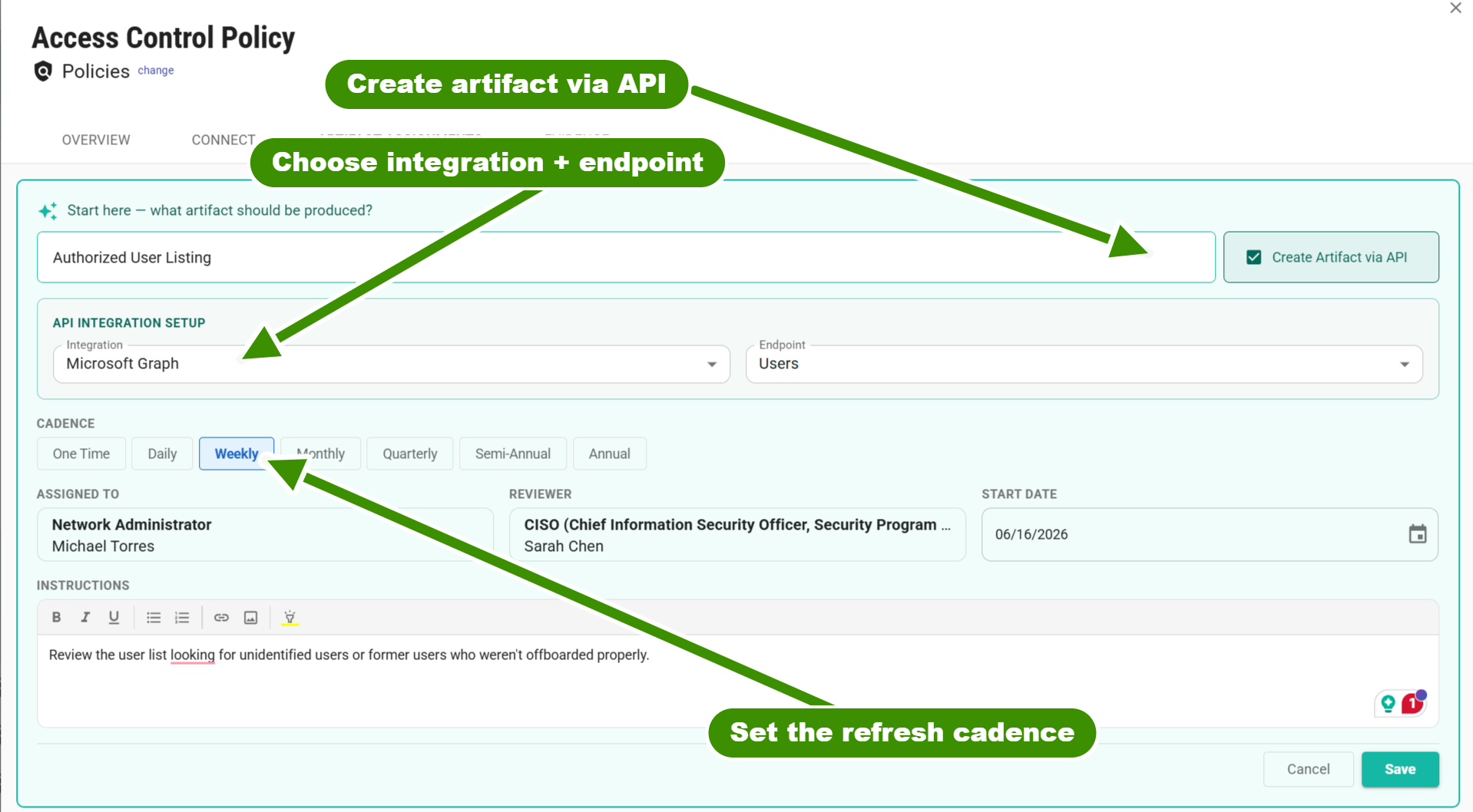 Create Artifact via API — artifact assignment with Microsoft Graph integration
