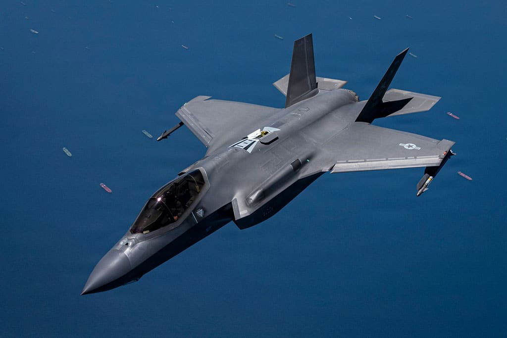 A U.S. Air Force F-35 Lightning II flies in the U.S. Central Command area of responsibility, May 10, 2026.