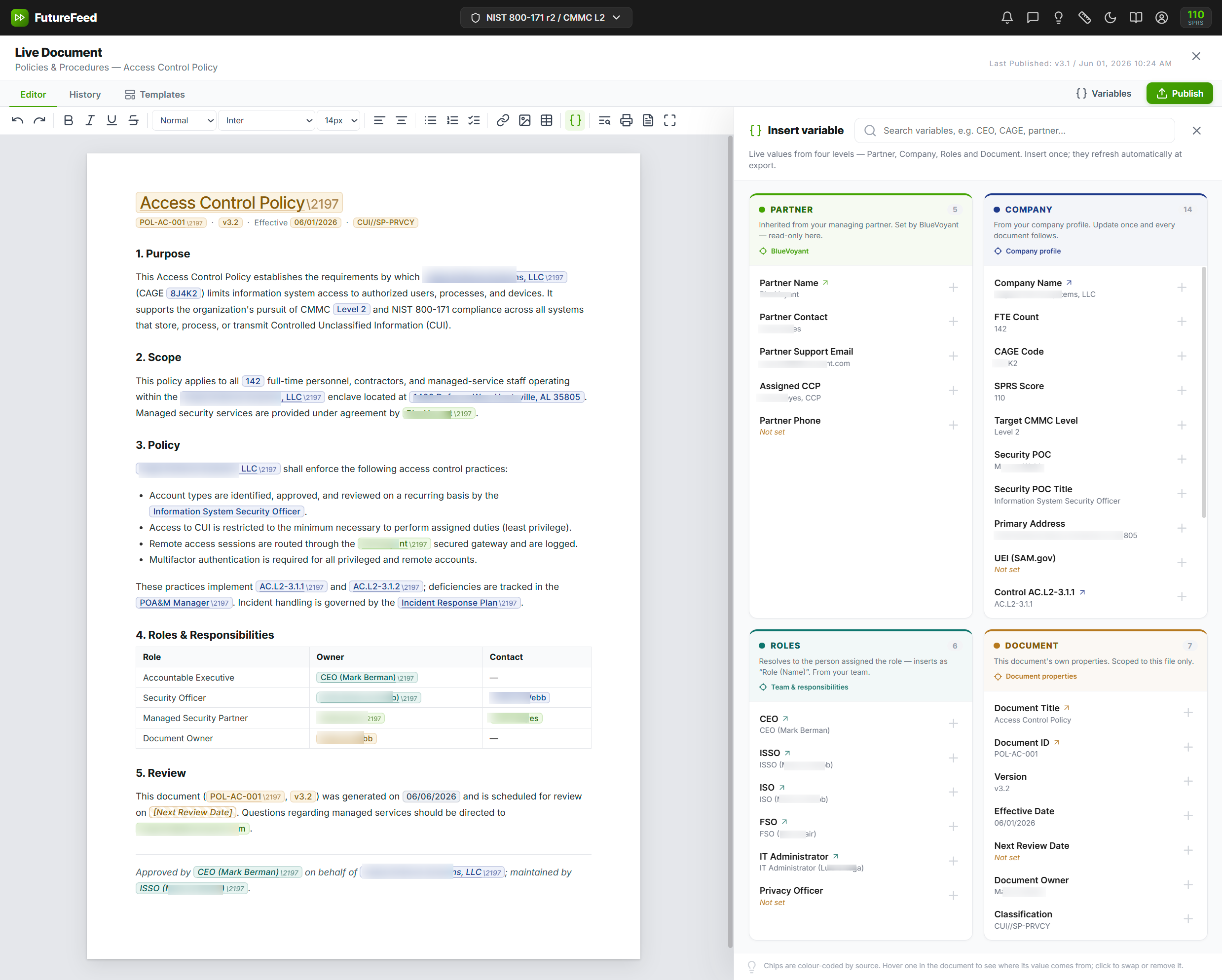 Live Document editor with the Insert Variable panel — Partner, Company, Roles, and Document sources