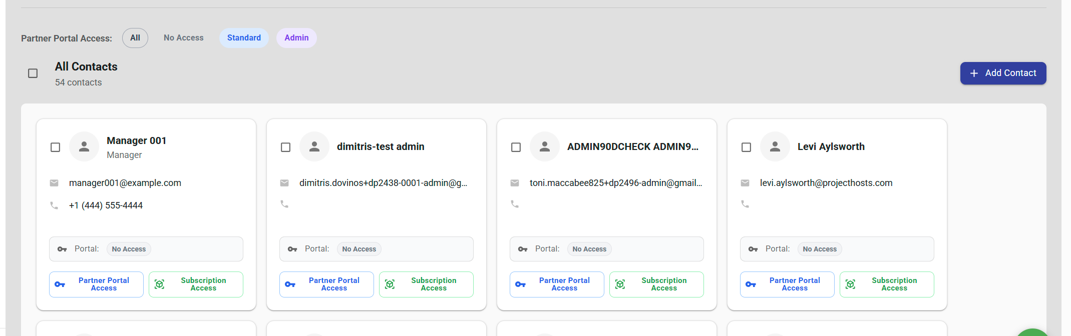 Partner Portal team contacts with portal and subscription access