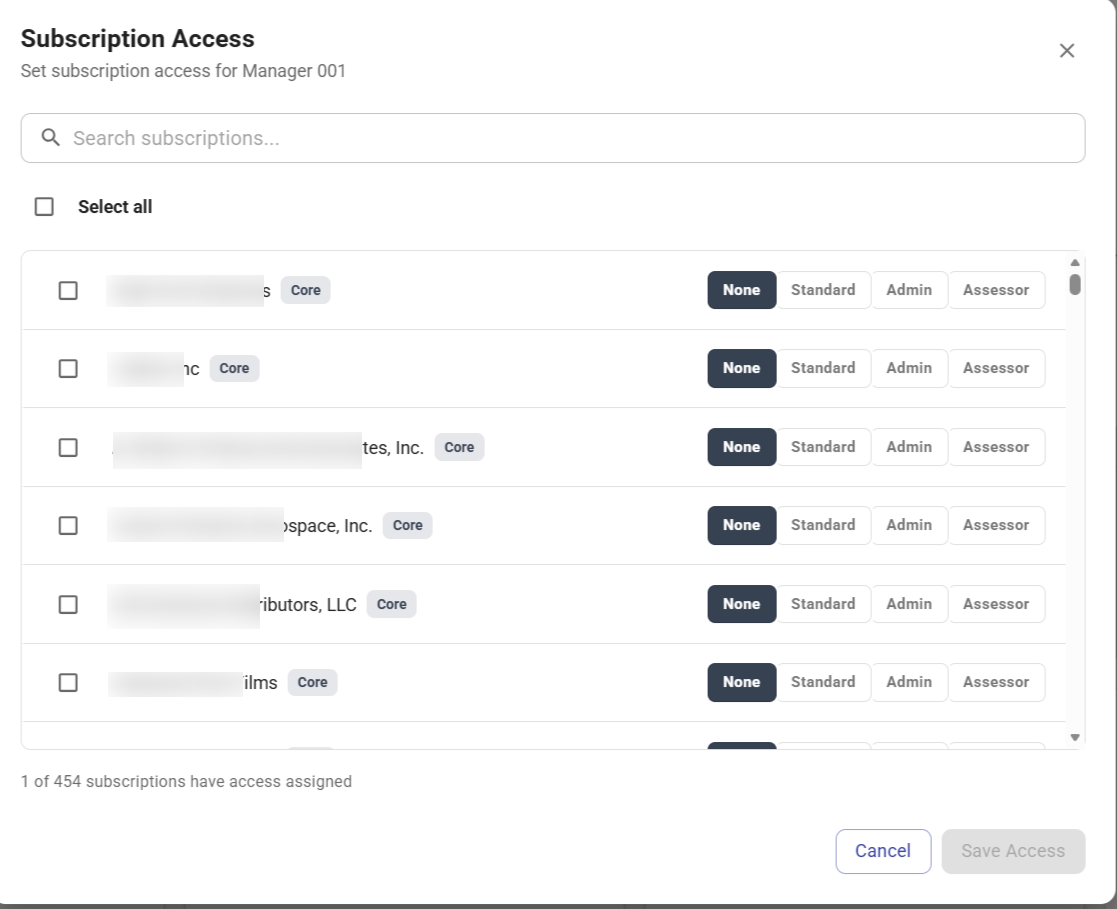 Subscription Access modal — per-subscription roles