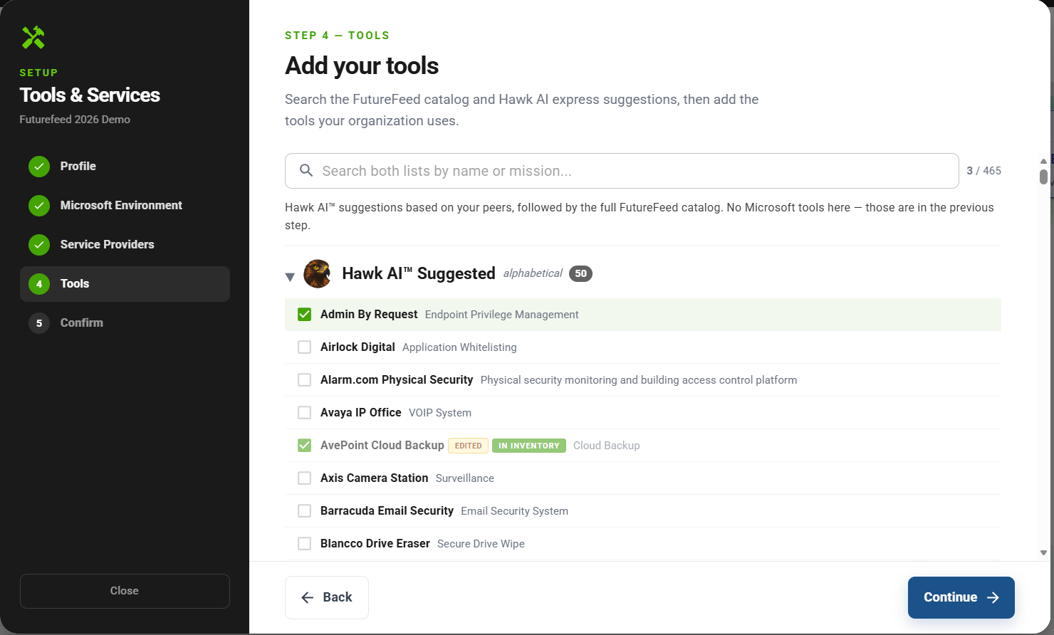 Tools Selection setup wizard