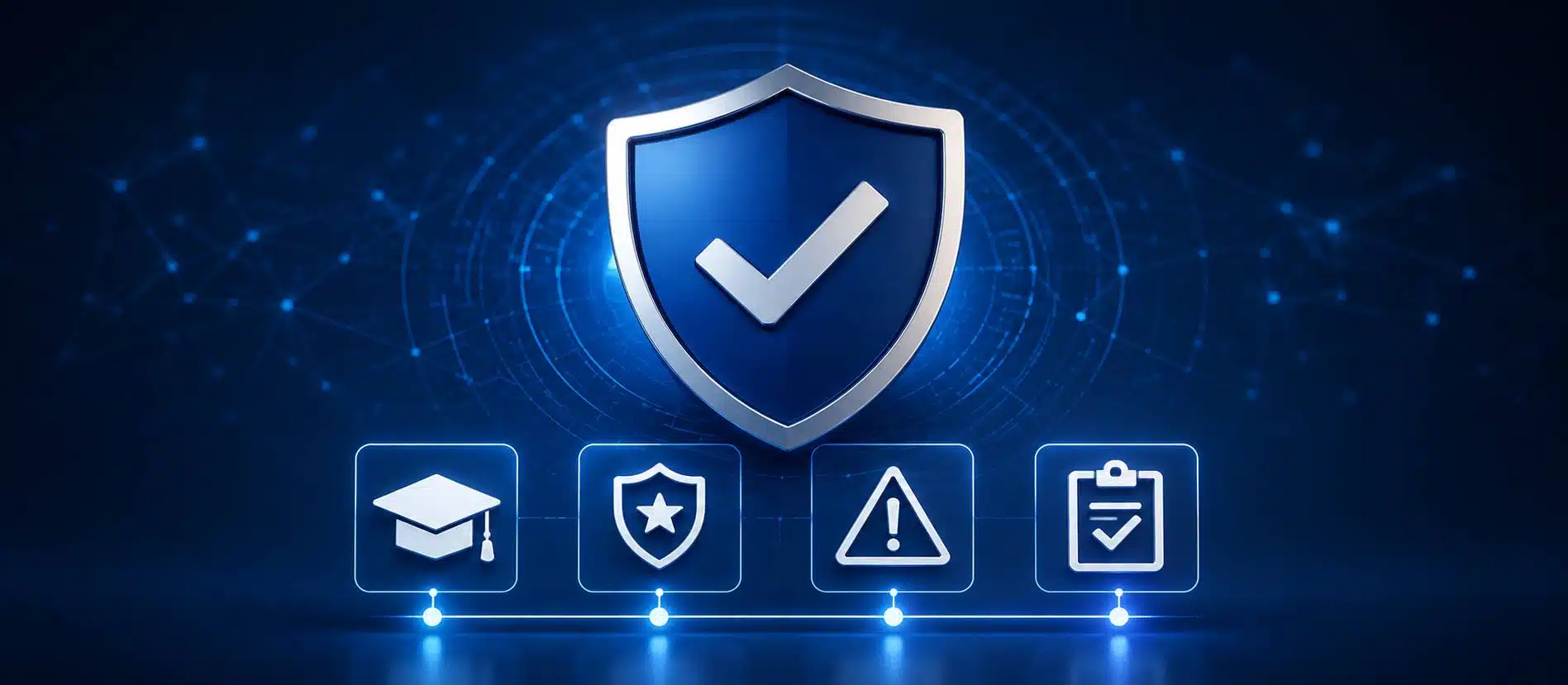 A security shield with a checkmark above icons for training, certification, alerting, and documentation