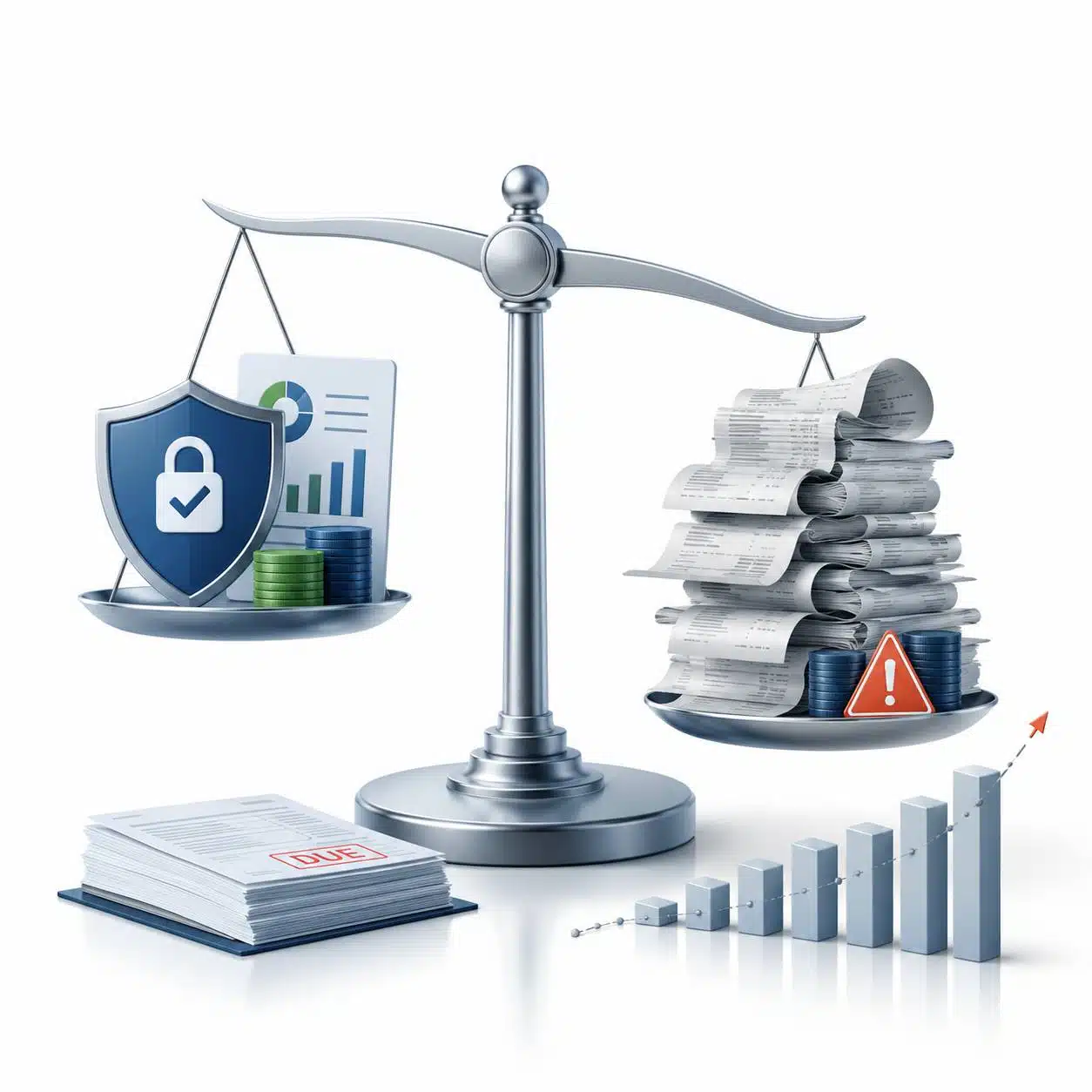 A balance scale weighing a security shield against a stack of paperwork and cost